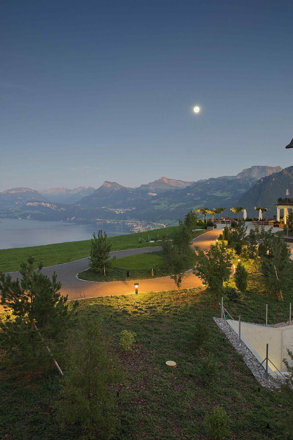 Panoramic view of Villa Honegg overlooking the Swiss Alps and Lake Lucerne.
