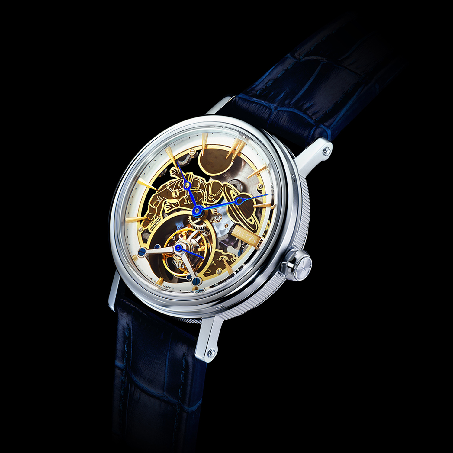 Elegant Swiss tourbillon timepiece featuring open balance wheel on black backdrop